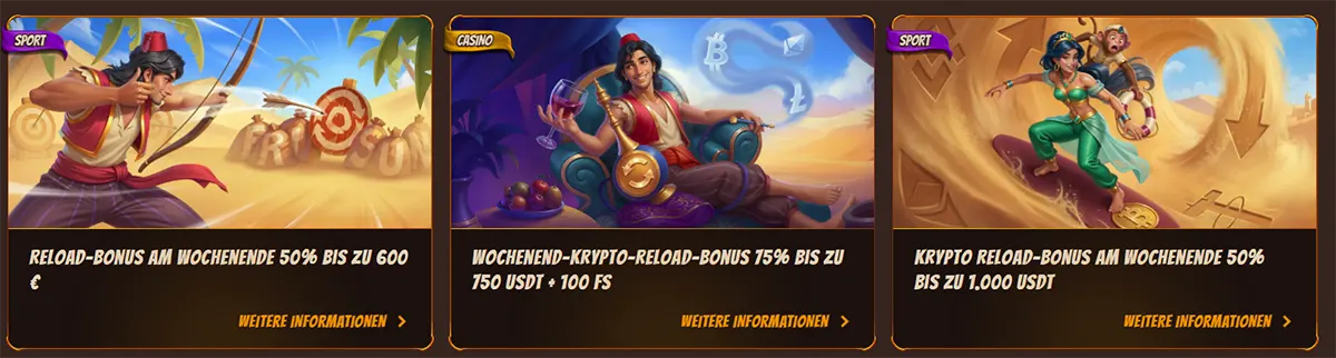 German casino promotions section with three featured cards for a weekend reload bonus up to €600, a weekend crypto reload bonus up to 750 USDT plus 100 free spins, and a crypto weekend reload bonus up to 1,000 USDT, illustrated with Arabian-themed artwork and call-to-action links.