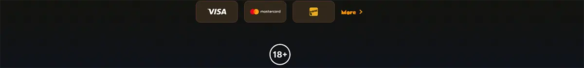Casino footer with Visa, Mastercard, and Jeton payment icons, a “More” link, and an 18+ age restriction badge on a dark background.